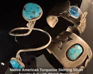 Native American Turquoise Sterling Silver Jewelry Set with Watch Bracelet