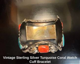 Vintage Sterling Silver Turquoise Coral Watch Cuff Bracelet fourth image