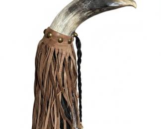 Carved Animal Horn with Leather Fringe and Hair Tassel Eagle Head third image
