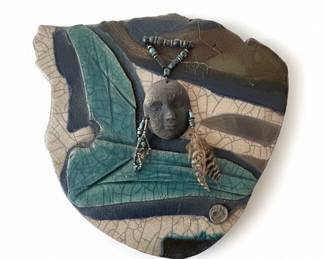 Handmade Ceramic Wall Plaque with Face and Feather Pendant