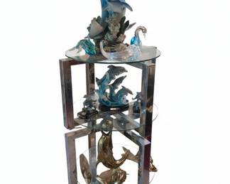 Dolphin and Wave Sculpture with Glass Shelves Accent Table