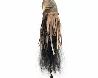 Carved Animal Horn with Leather Fringe and Hair Tassel Eagle Head second image
