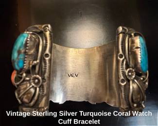 Vintage Sterling Silver Turquoise Coral Watch Cuff Bracelet third image