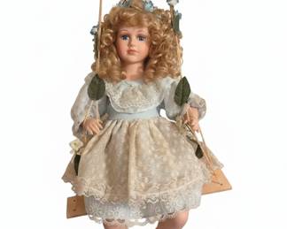 Victorian Style Porcelain Doll on Swing