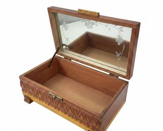 Antique HandCarved Wooden Jewelry Box with Painted Landscape and Etched Mirror second image