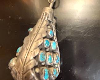 Vintage Zuni Sterling Silver Turquoise Feather Pendant Necklace second image