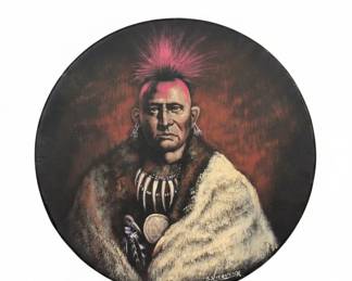 Native American Style Ceremonial Drum with Mohawk Warrior Portrait