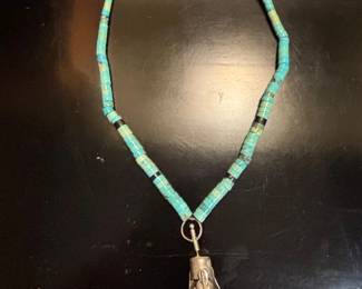 Vintage Zuni Sterling Silver Turquoise Feather Pendant Necklace