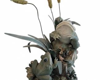 Two Frogs Statue with Cattails and Bird