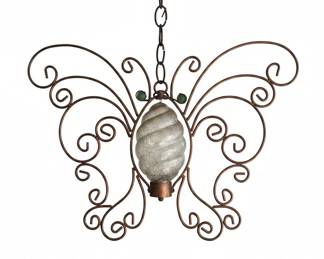 Wrought Iron Butterfly Chandelier with Ribbed Glass Globe and Chimes