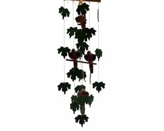 Handmade Bamboo and Painted Wood Mobile with Birds and Leaves