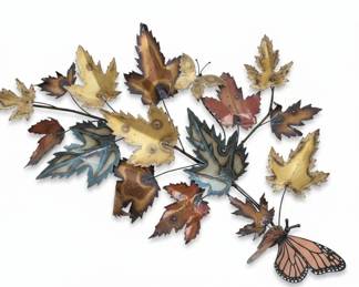 Curtis Jere Style Metal Maple Leaf and Butterfly Wall Art