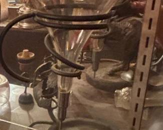 Vintage Etched Glass Wine Aerator Dispenser with Wrought Iron Stand