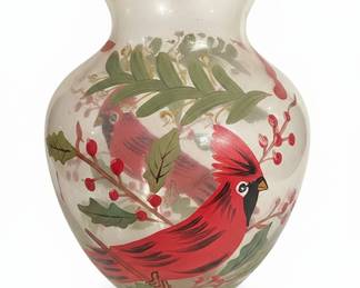 HandPainted Glass Vase with Cardinal and Holly Motif