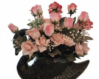 Ceramic Swan Planter with Faux Roses Possibly Napco