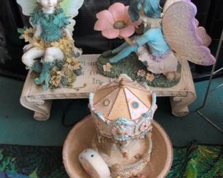 Fairy Figurines on Bench with Carousel Music Box