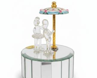 Glass Couple Music Box with Mirrored Base and Umbrella Accent