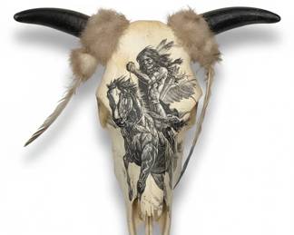 Native American Warrior on Horseback Decorated Cow Skull second image