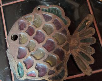 Vintage Cast Iron Fish Trivet with Stained Glass Inlays