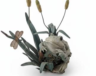 Garden Frog Statue with Cattails