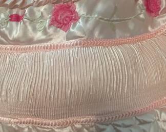 Pink Satin Quilted Bedspread with Embroidered Roses and Pleated Trim second image
