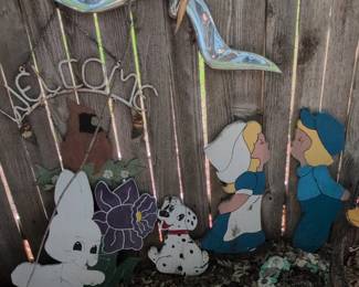 HandPainted Wooden Garden Ornaments Alice in Wonderland, Dalmatian, Rabbit, Cardinal