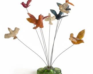 New Designs Inc. Kinetic Lucite Birds on Wire Sculpture with Flower Base