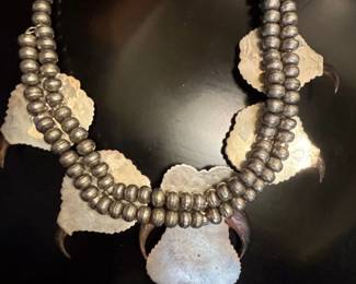 Native American Turquoise and Sterling Silver Squash Blossom Necklace with Bear Claws third image