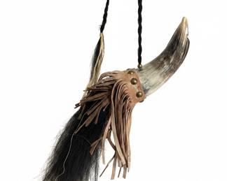 Carved Animal Horn with Leather Fringe and Hair Tassel Eagle Head