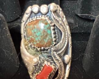 Vintage Navajo Sterling Silver Turquoise and Coral Ring