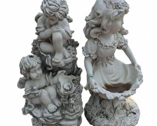Cherub and Girl Garden Statues with Teal Base