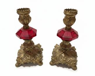 Brass Scales of Justice Candlestick Holder with Red Crystal Accents second image