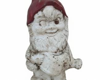 Vintage Concrete Garden Gnome Statue Holding Bucket
