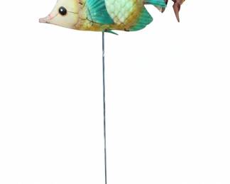 Metal Tropical Fish Garden Stake with Accordion Playing Frog Figurine
