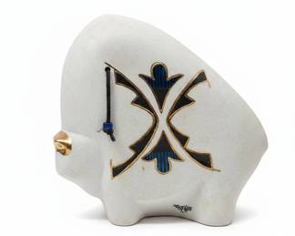 Ceramic Bison Statue with Inlay and Signature