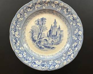030 Antique Blue White Holly Transferware Plate with Castle Scene