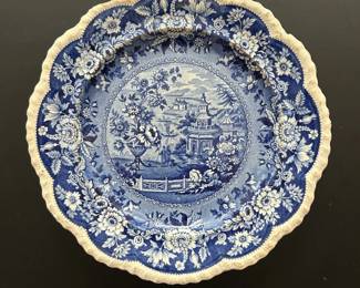 022 Antique Blue White Transferware Plate with Chinoiserie Scene