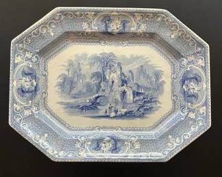 031 Antique Blue White Abbey Transfer Ware Serving Platter Gothic Ruins Scene