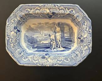 062 Antique Blue White Transferware Serving Bowl Classical Figures