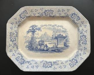 020 Antique Blue White Transfer Ware Serving Platter  Indian Scene