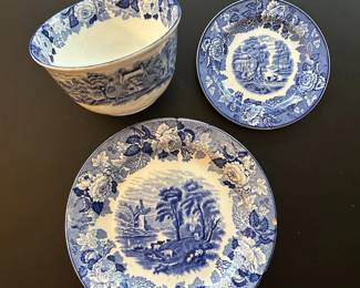 005 Blue White Enoch Woods Transferware Plates and Bowl Set
