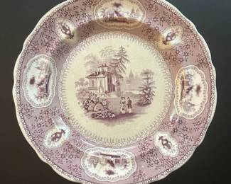 057 Antique Purple Transferware Dinner Plate Scenic Pastoral Pattern