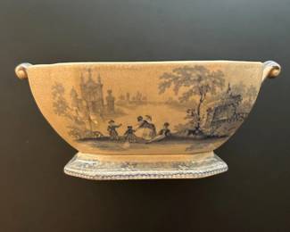 037 Antique TransferWare Footed Bowl with Scenic Blue Figures