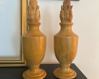 066 Pair of Carved Wood Flame Finial Urns