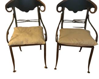 001 Wrought Iron Dining Chairs with Linen Cushions Pair