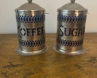 058 Art Nouveau Hammered Pewter Coffee Sugar Canister Set with Cobalt Blue Glass