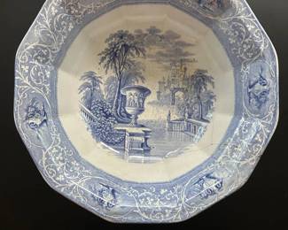 019 Antique Blue White Medici Transferware Wash Bowl Classical Urn Landscape