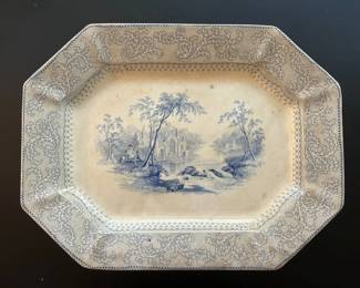 035 Antique Blue White Transfer Ware Serving Platter