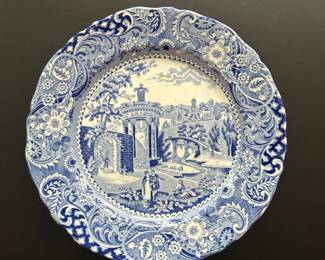 024 Antique Blue White Landscape Transferware Plate Romantic Ruins Scene