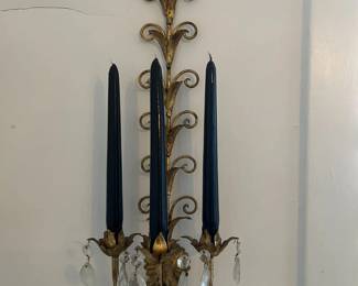 050 Pair of Italian Gilt Tole Wall Sconce with Crystal Drops